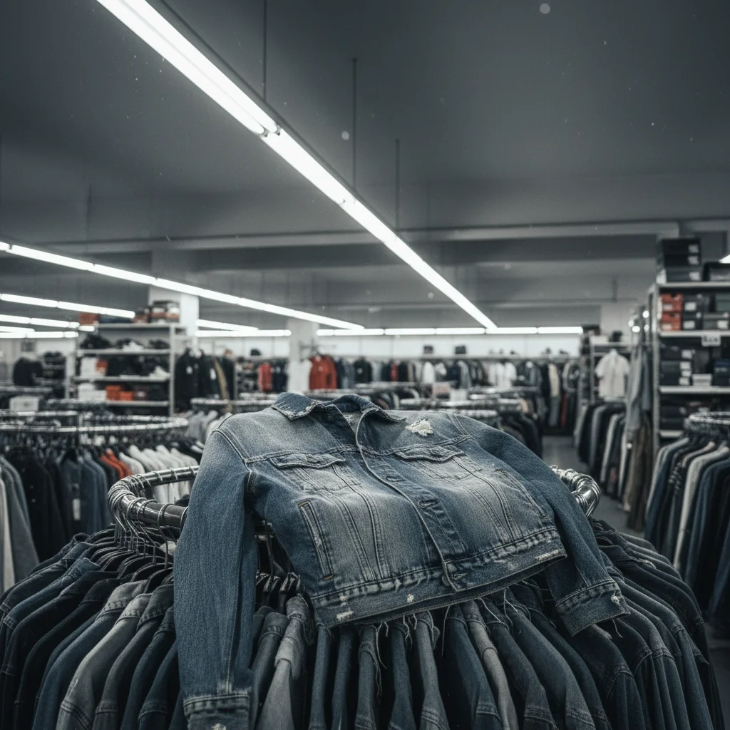 Denim jacket on store rack under harsh fluorescent lighting