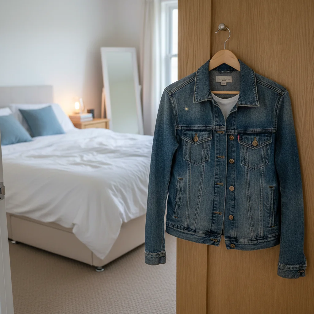 Denim jacket on bedroom door with household background