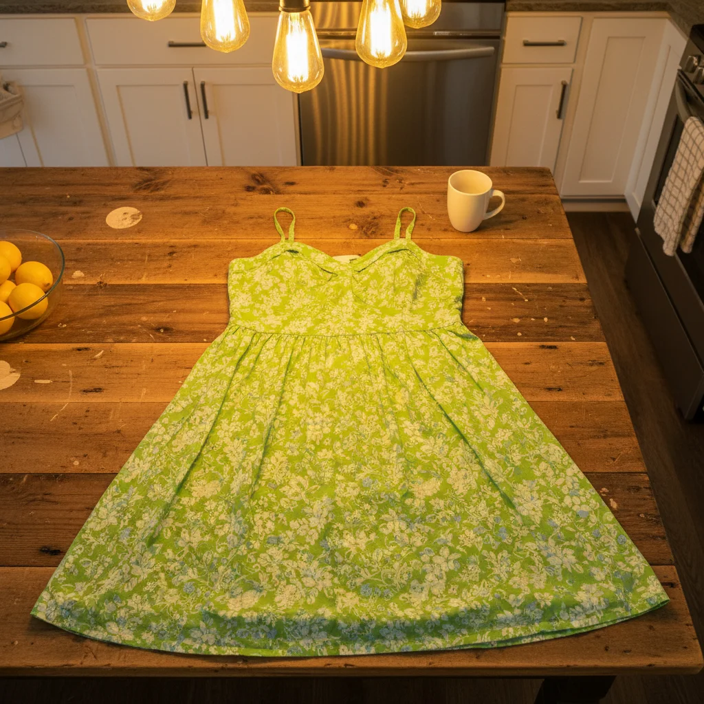Green dress appearing olive-yellow under kitchen lighting