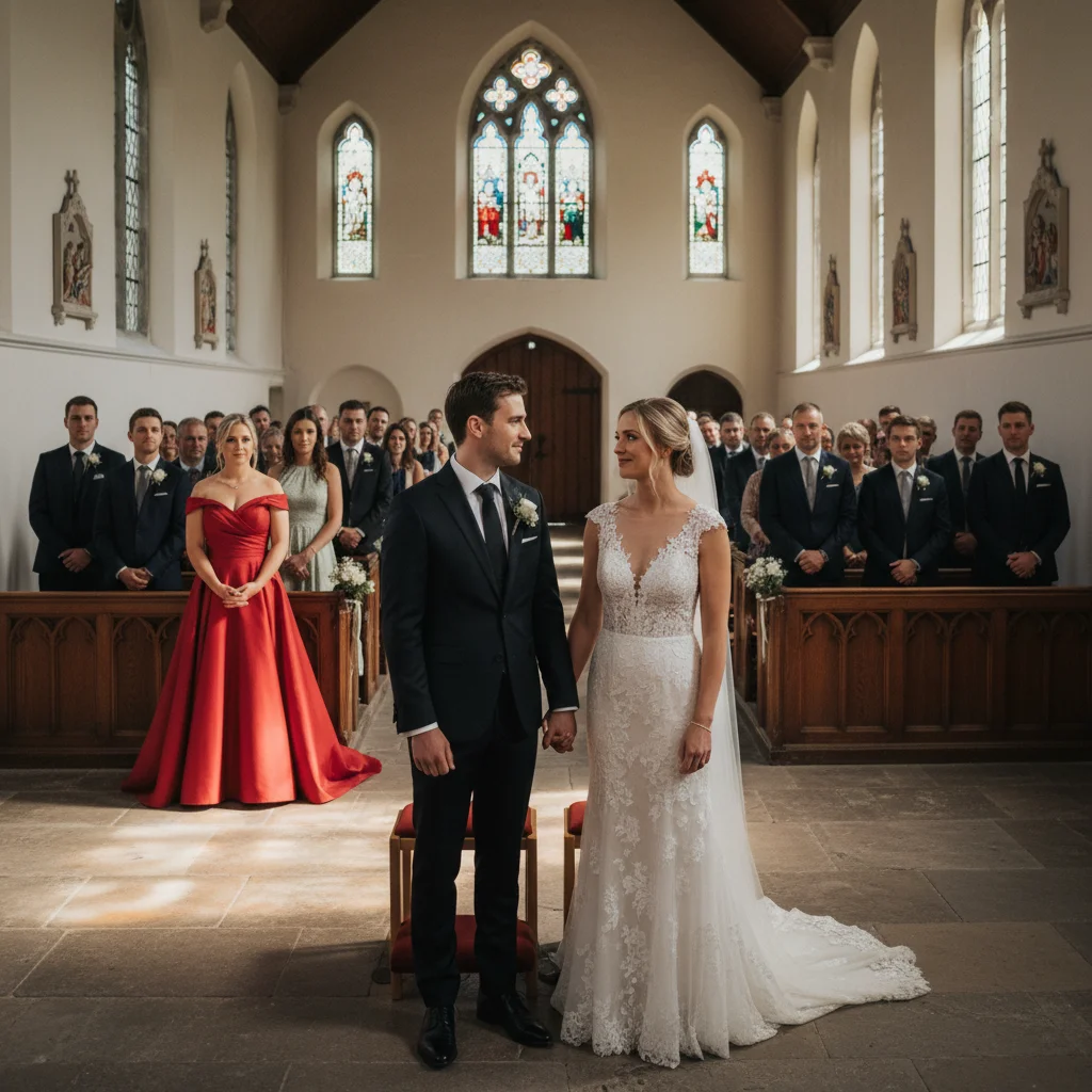 Wedding ceremony with unwanted guest in red dress in background