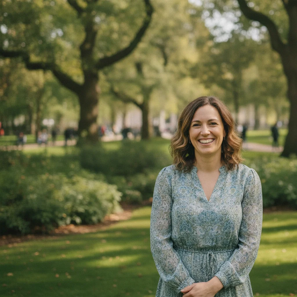Same portrait with the background person removed and park greenery showing