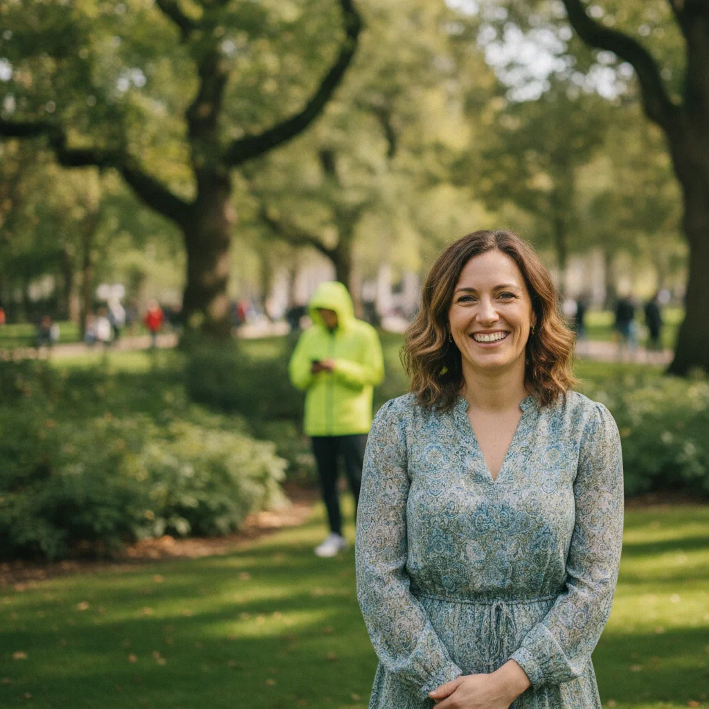 Woman's portrait in a park with a stranger in a yellow jacket visible in the background