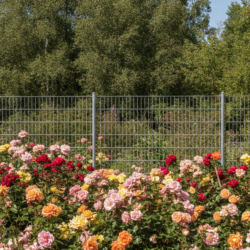 Garden photo with a metal chain-link fence across the background