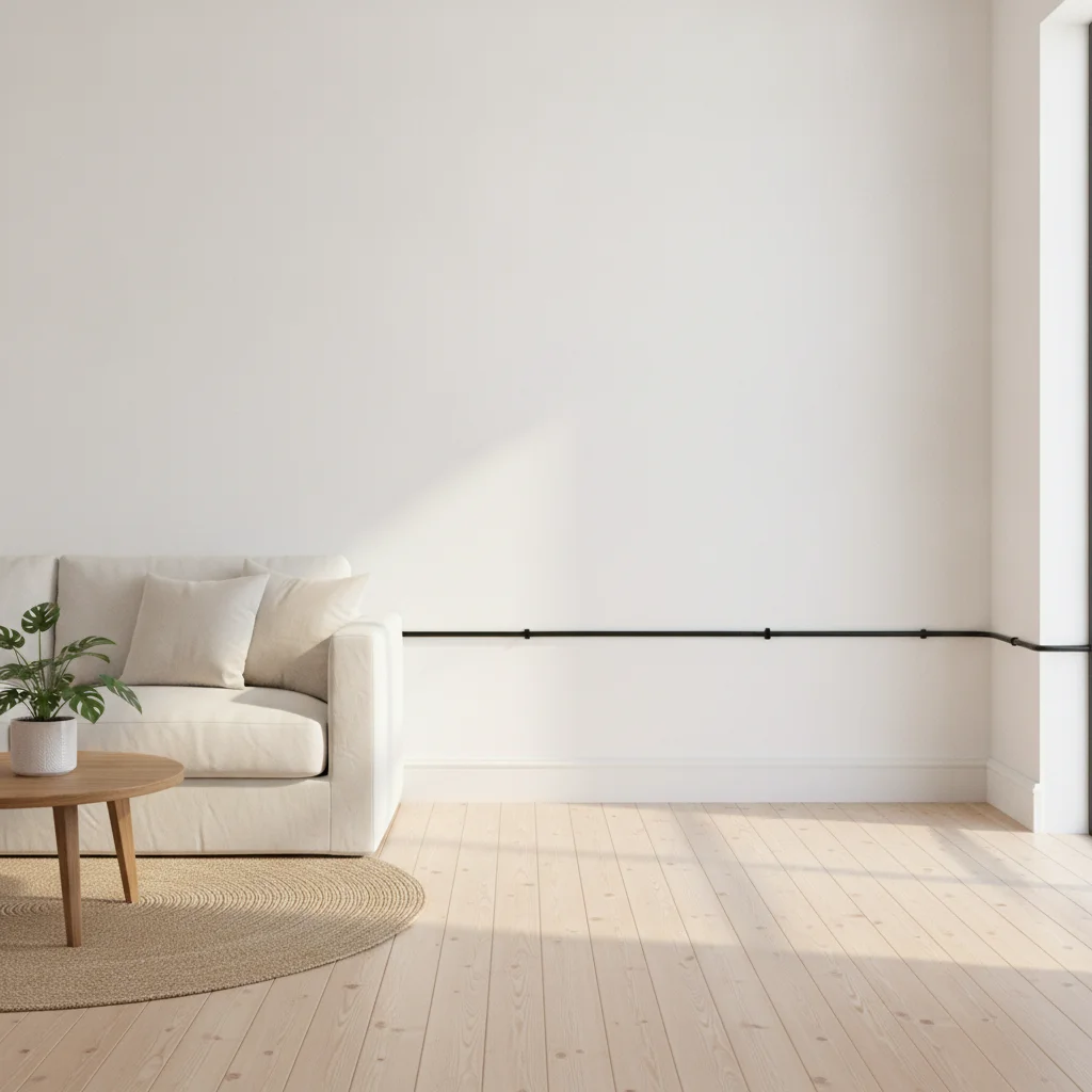 Interior room photo with a black cable running along the white wall