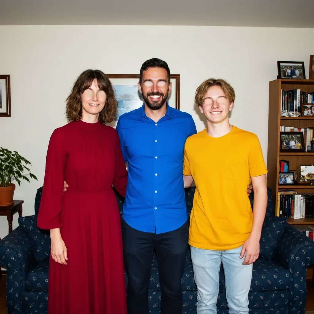 Same group photo with red eye removed from all three people, natural eye colors restored