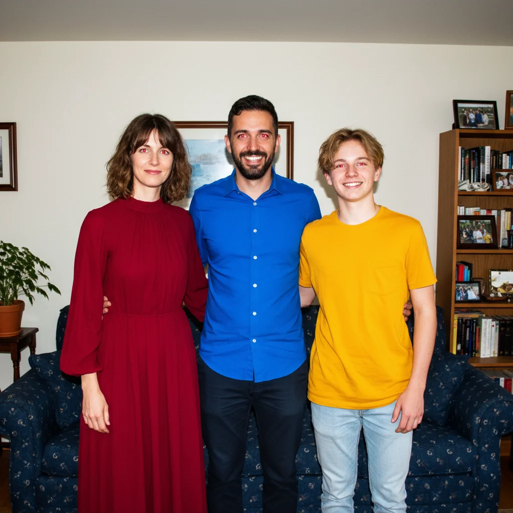Family group photo with red eye flash effect visible on all three people