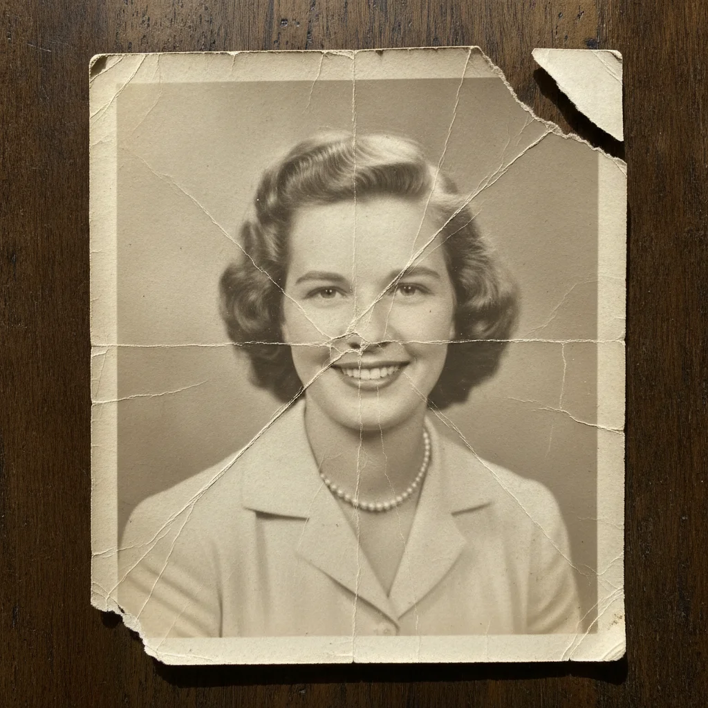 Old black and white portrait with a torn corner and creases