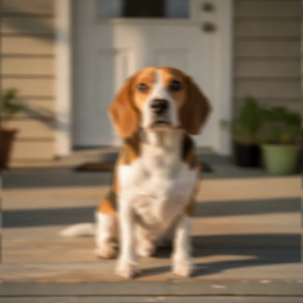 Phone photo of a beagle on a porch, blurred sideways by camera shake