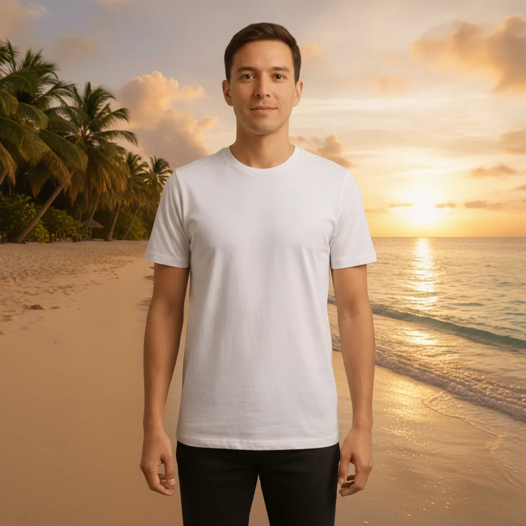 Same person generated into a tropical beach sunset scene with face and pose preserved