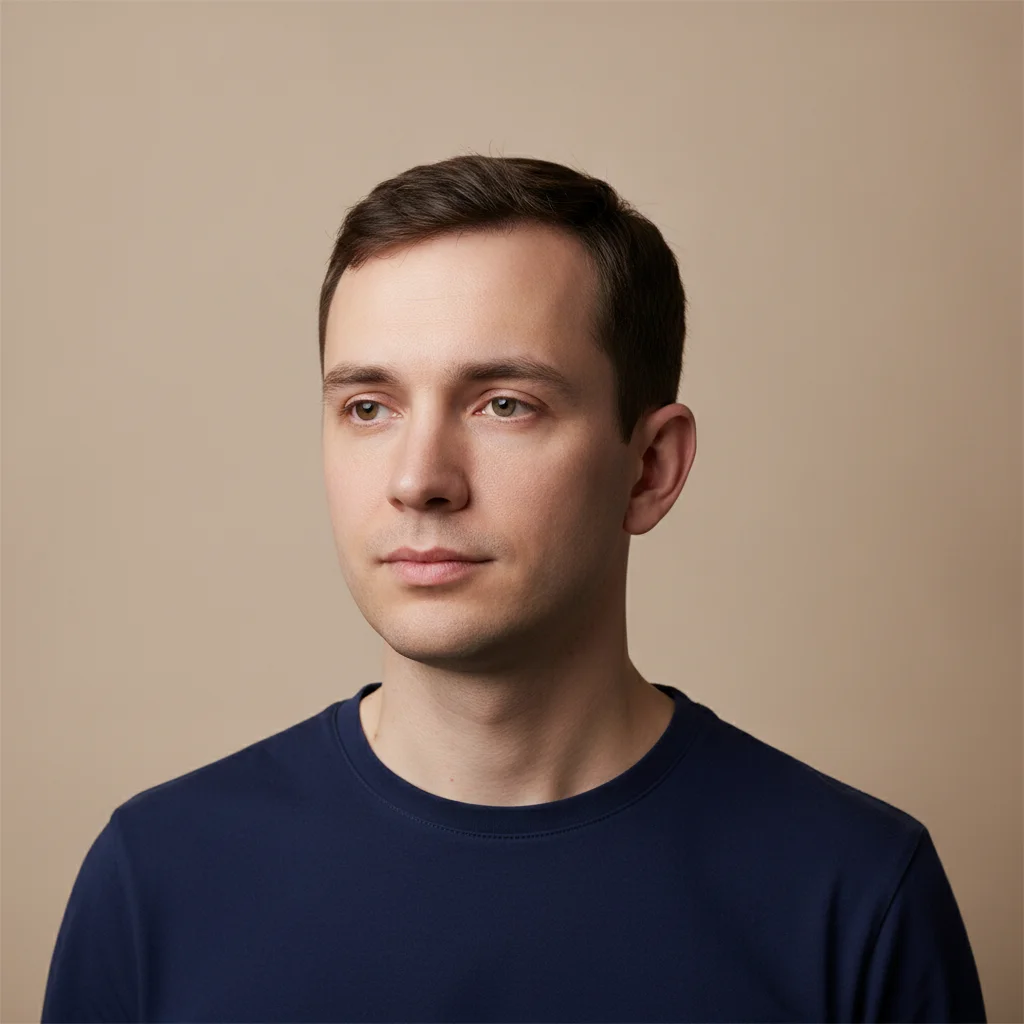 Simple headshot portrait of a person against a neutral beige studio background