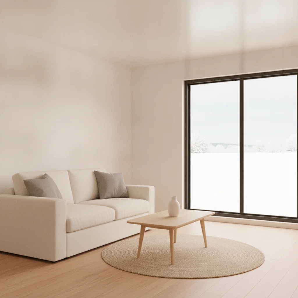 Same living room regenerated as a cozy winter scene with snow visible through the window and warmer lighting