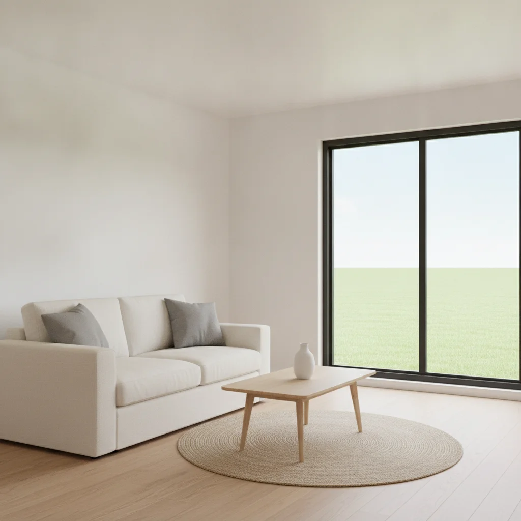 Bright daytime living room photo with a window showing a green lawn outside