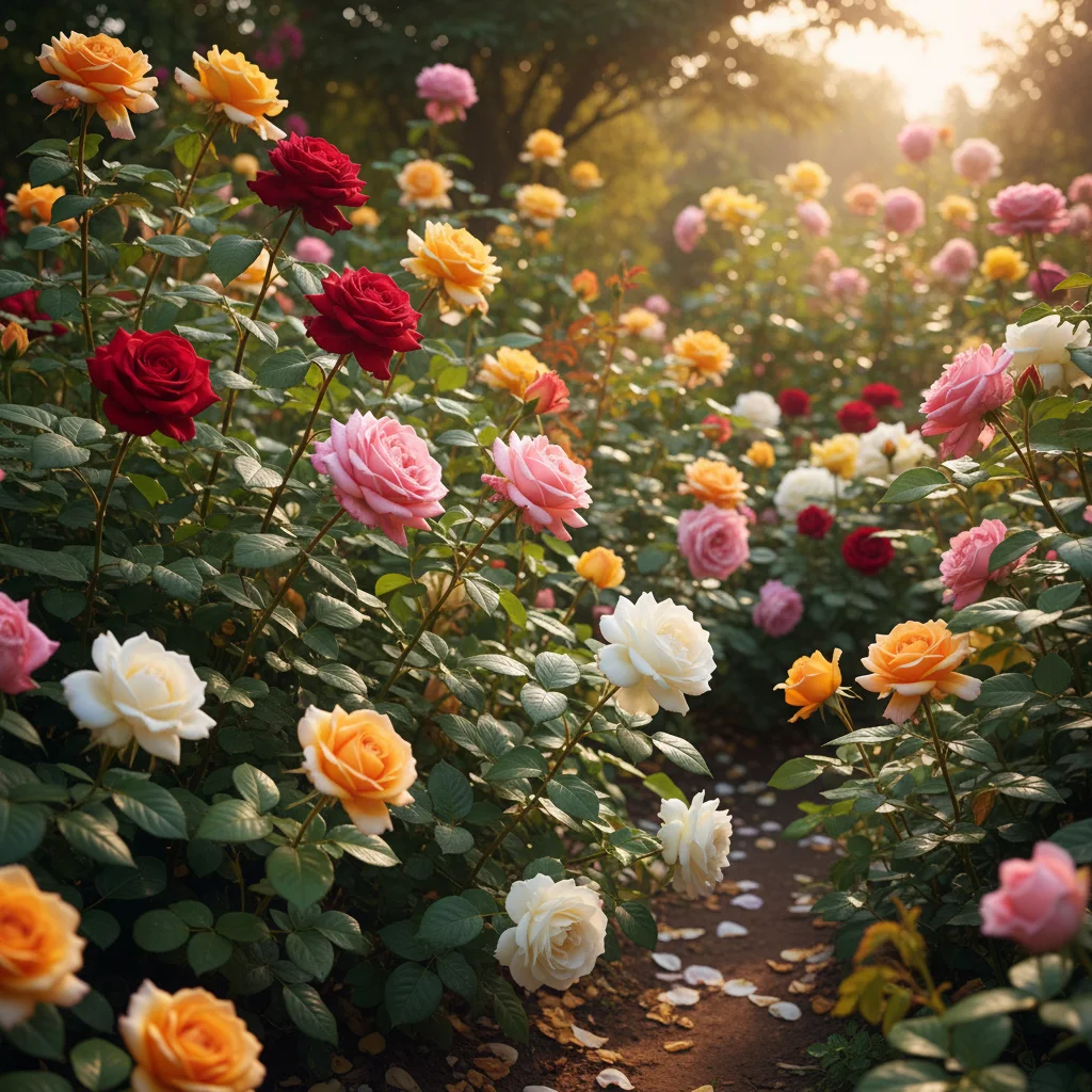Photographic garden with colorful flowers in natural light