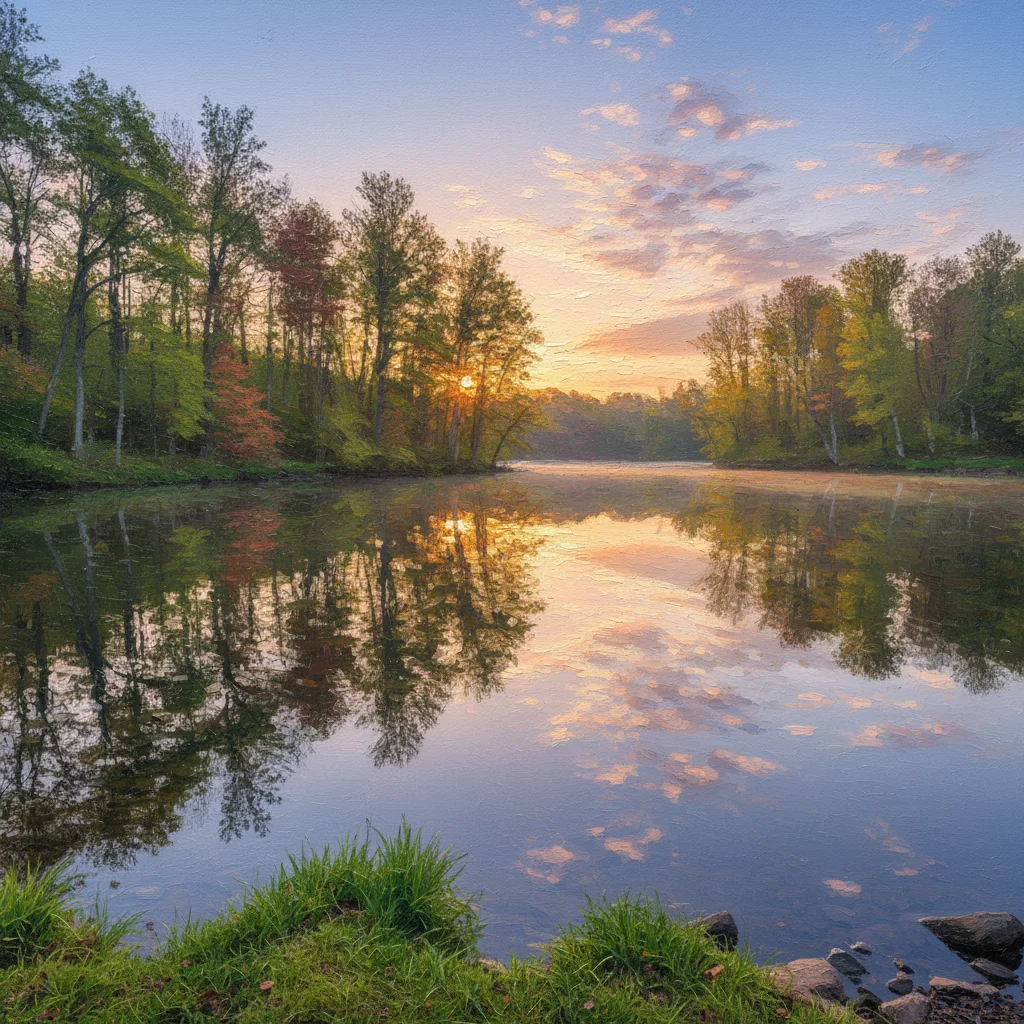 Water scene transformed into Impressionist painting with broken color and shimmering light