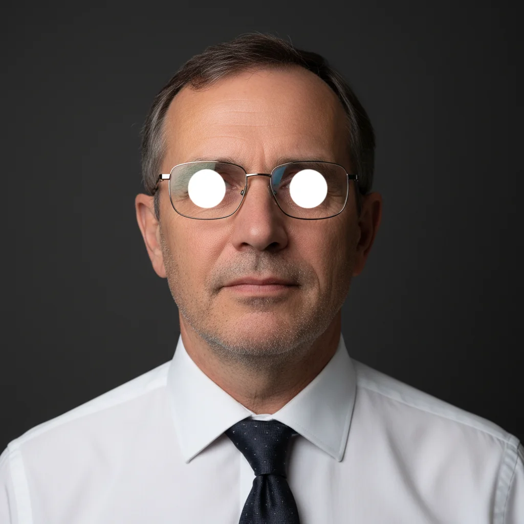 Headshot with bright flash glare obscuring eyes through wire-frame glasses