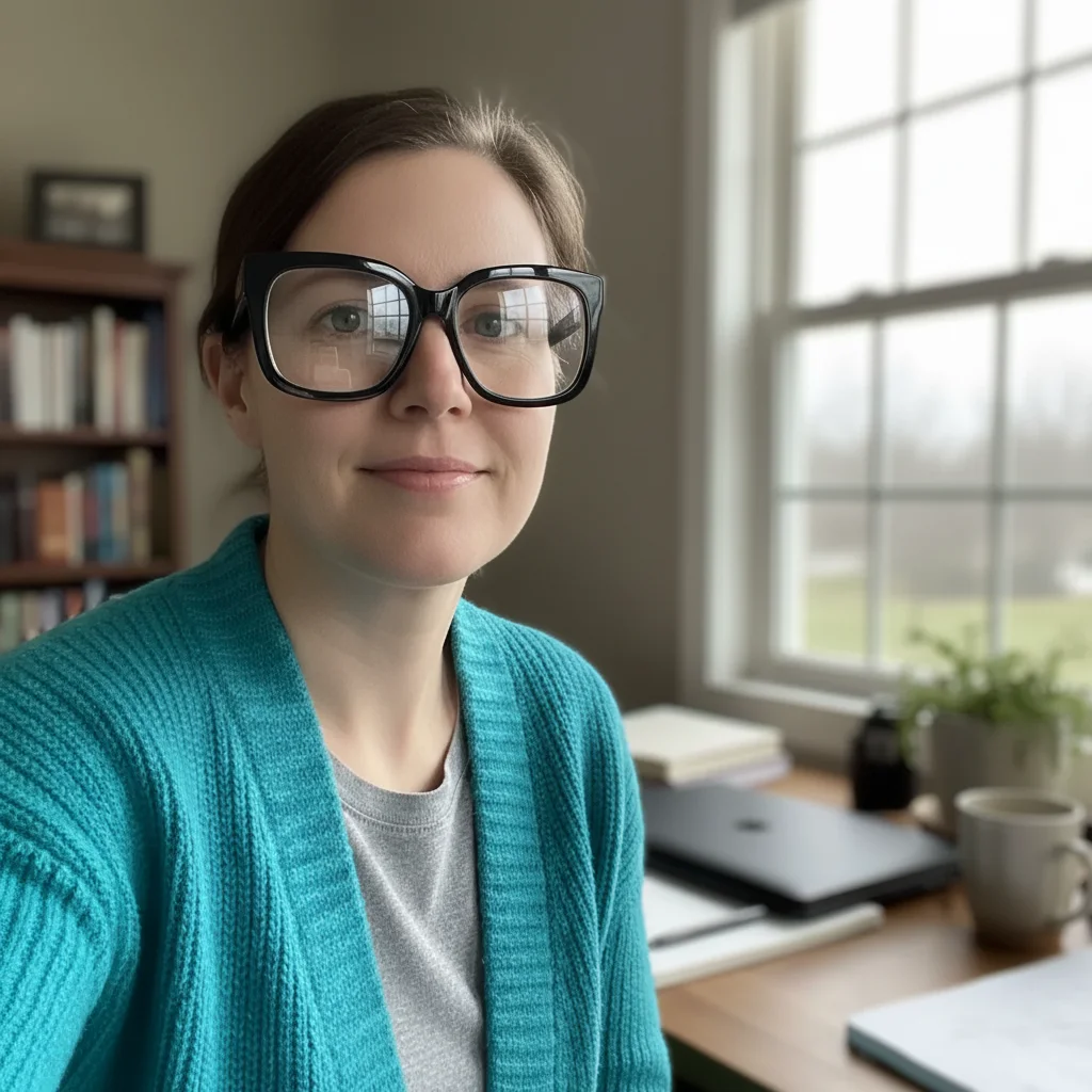 Same portrait with window reflection removed and clear eyes visible through clean glasses lenses