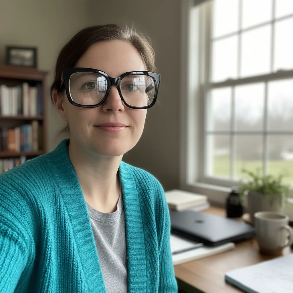 Portrait with window reflection across both thick black frame glasses lenses