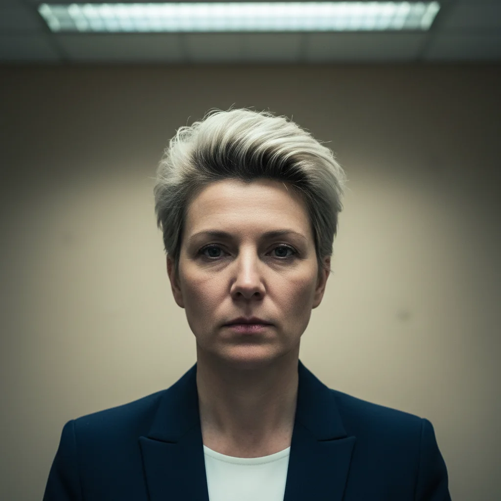 Portrait with harsh overhead fluorescent lighting and dark eye socket shadows