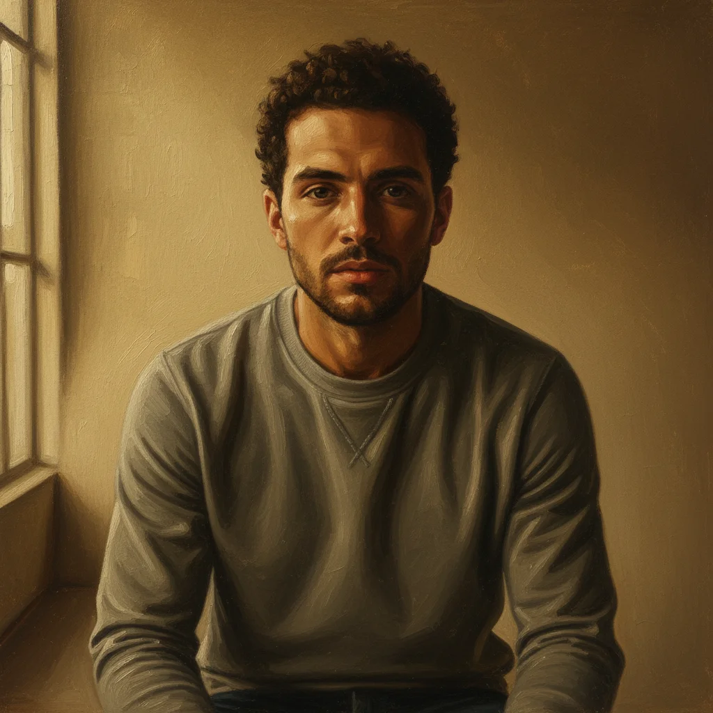 Portrait transformed into Renaissance oil painting style with dramatic chiaroscuro lighting