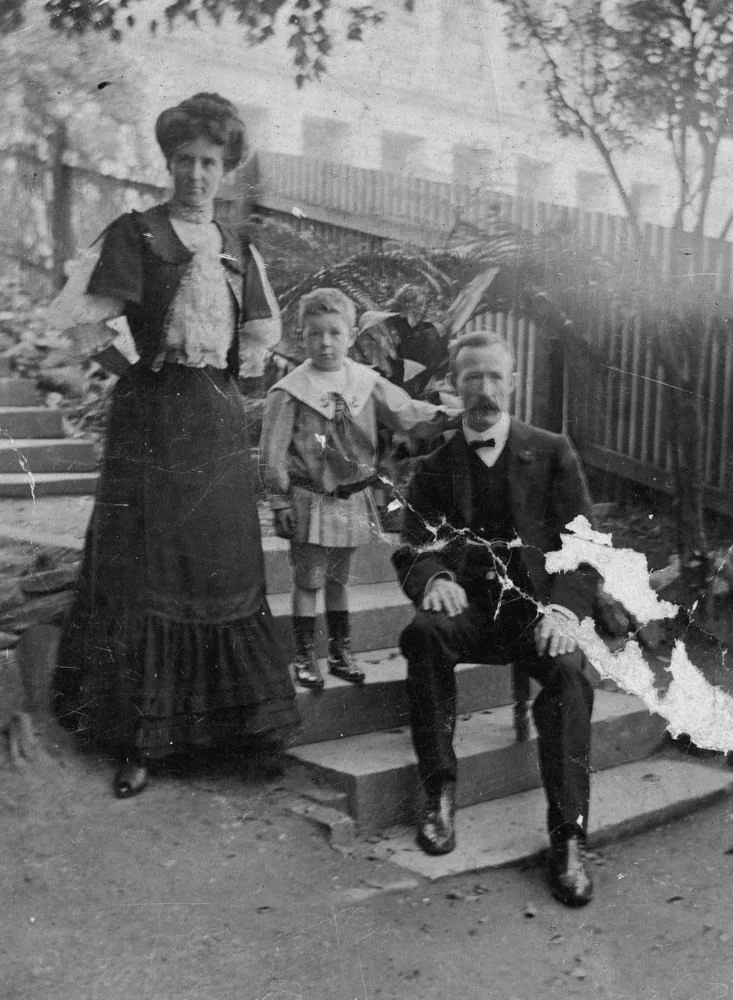 Before: torn photo with missing emulsion - unedited source photograph (Public domain)
