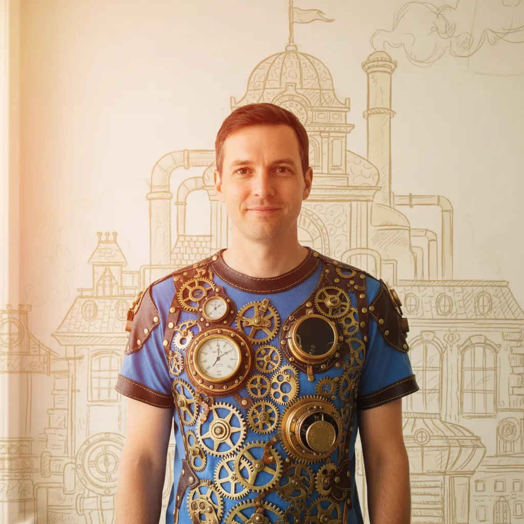 Same portrait transformed into steampunk inventor style with brass gear elements and warm amber tone