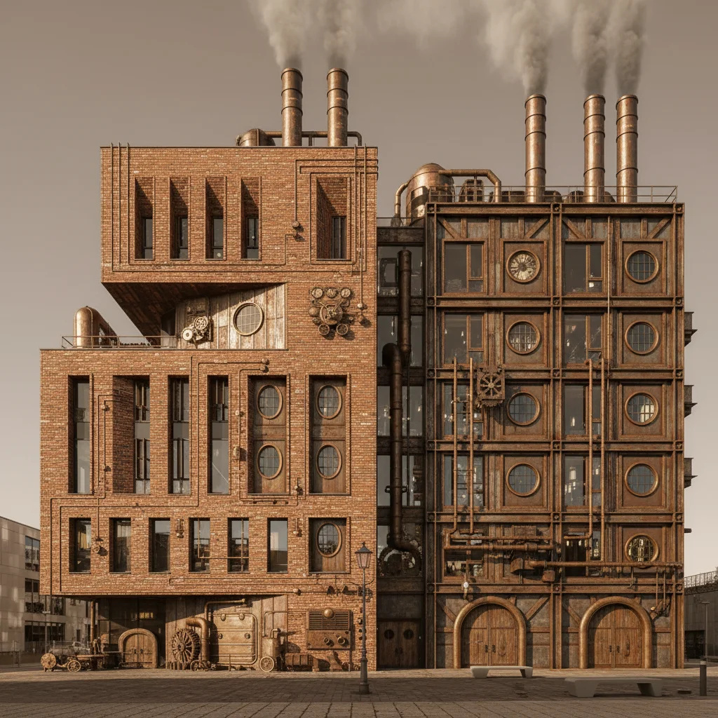 Same building transformed into a Victorian steampunk industrial factory with sepia tones and smokestacks