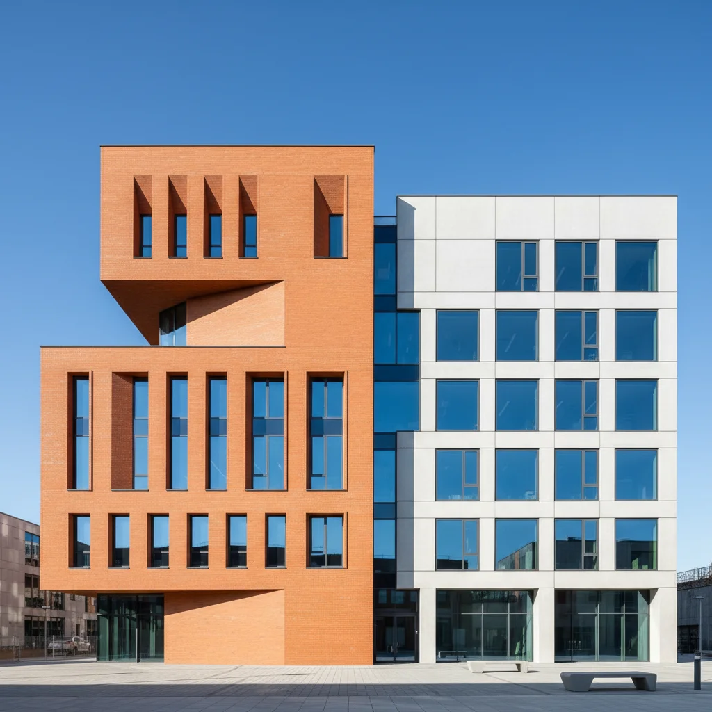 Modern orange brick building exterior under blue sky