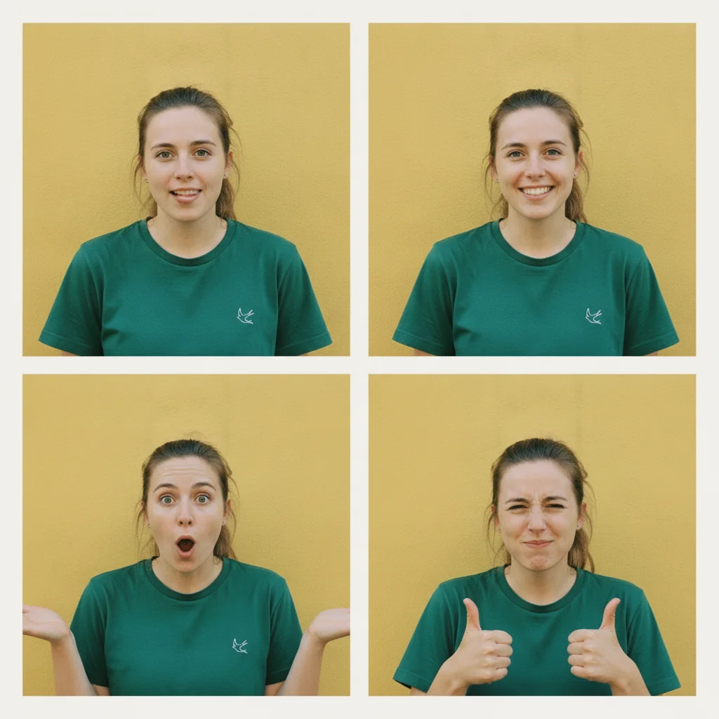 A four-frame photo-booth set of the same woman pulling a different face in each frame