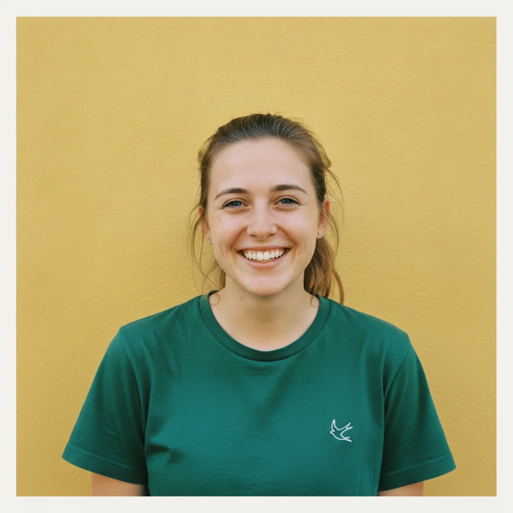Single portrait of a smiling woman in a green t-shirt against a yellow wall