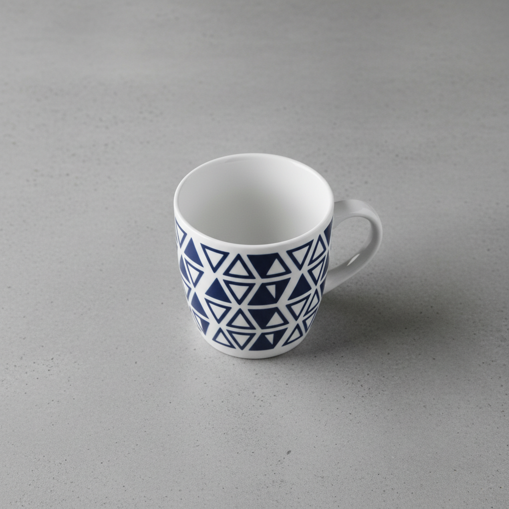 White ceramic mug on plain grey counter with flat, dull lighting
