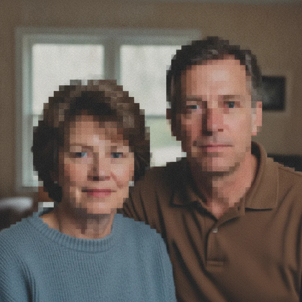 Old low-resolution portrait with visible blocky pixelation on faces
