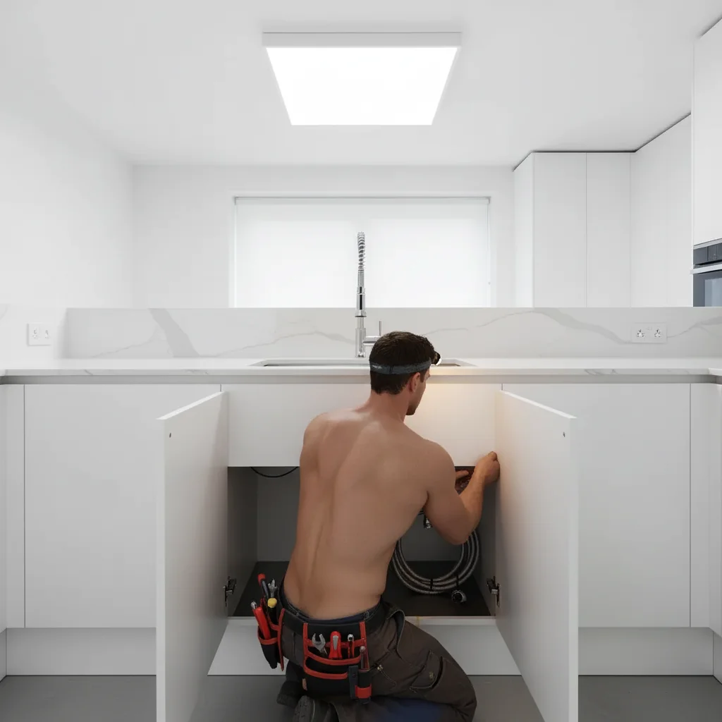 Kitchen with AI-added plumber working under sink