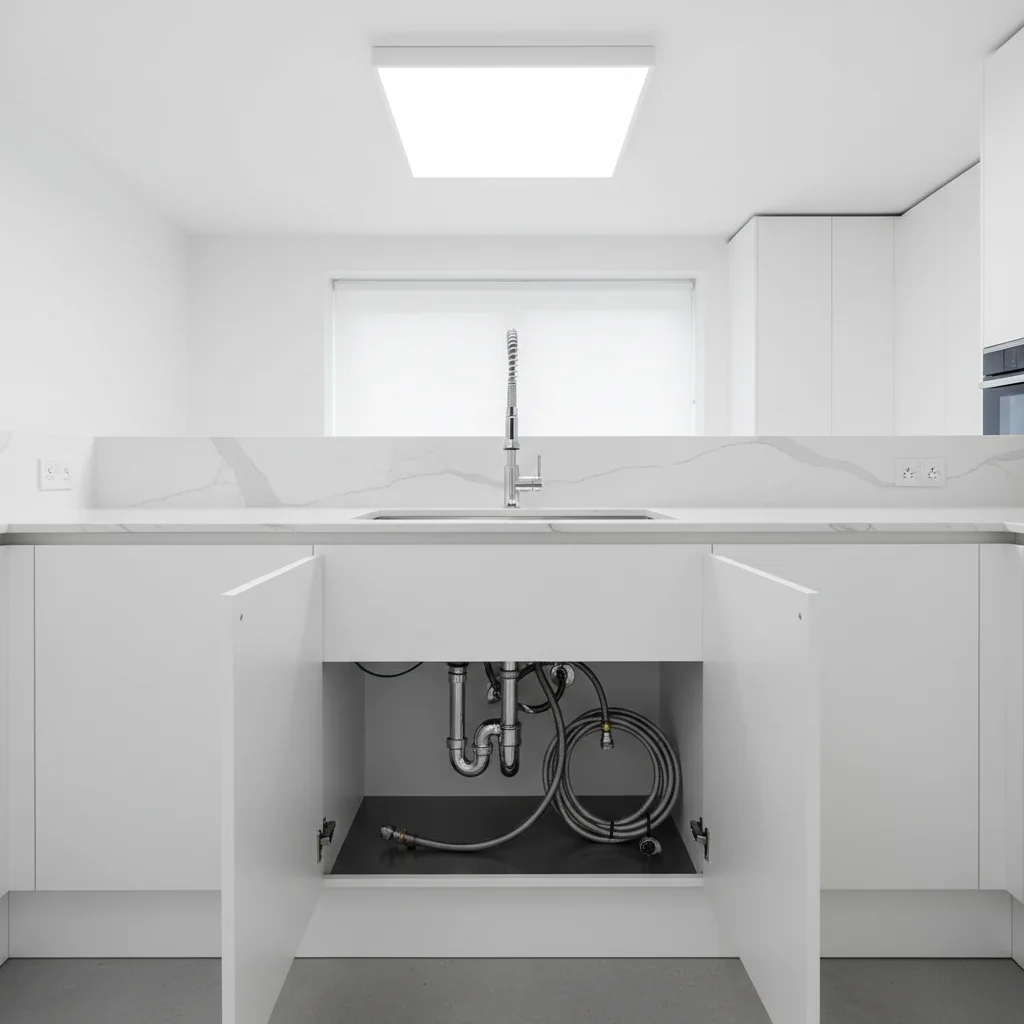 Kitchen with open cabinet under sink