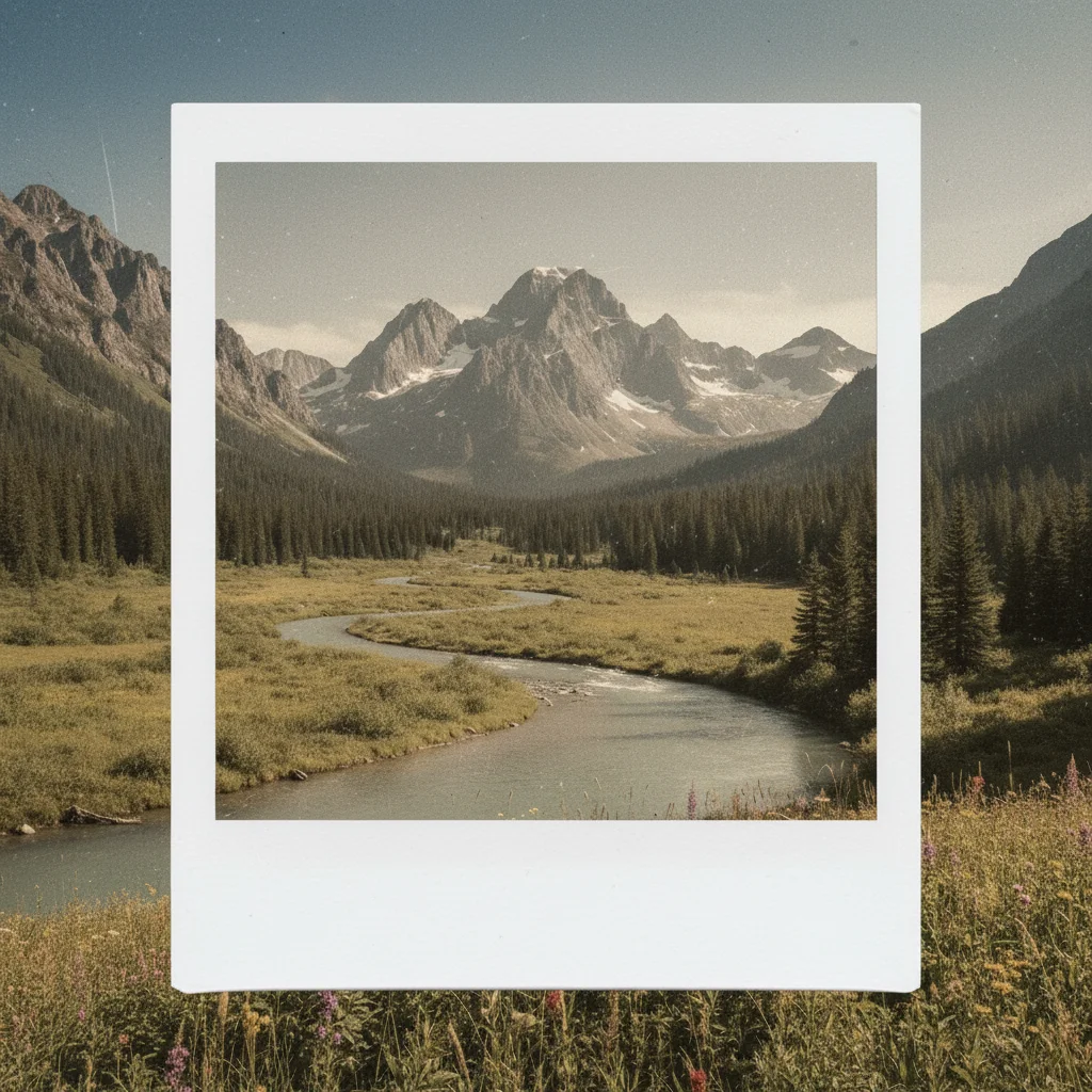 Landscape with aged Polaroid frame and vintage sepia tones