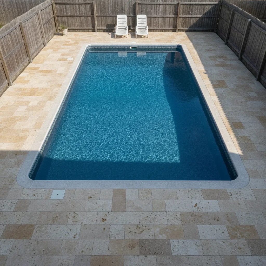 Same pool with travertine pavers, ivory and tan tones, coping and water unchanged