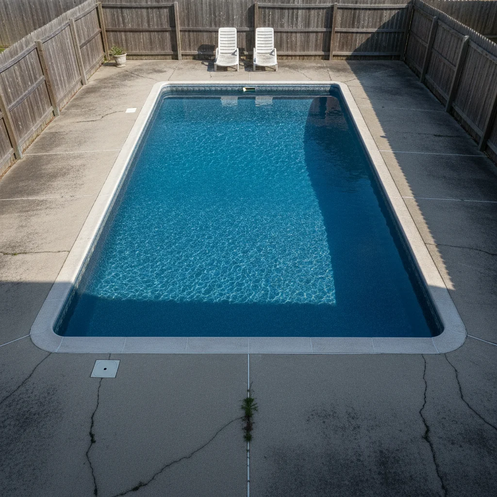Rectangular pool with stained concrete deck, lounge chairs, privacy fence