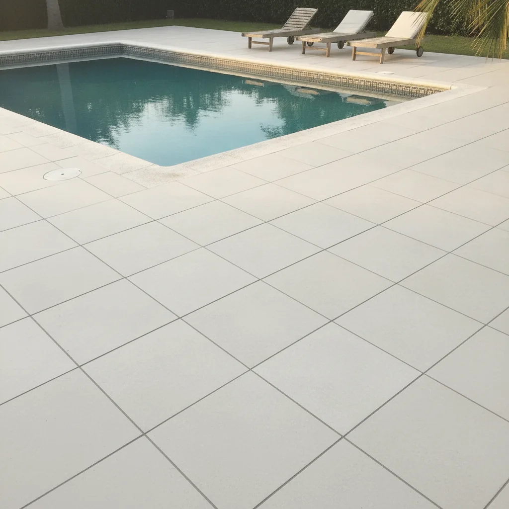 Same pool with large-format cream porcelain tile, matte finish, furniture preserved