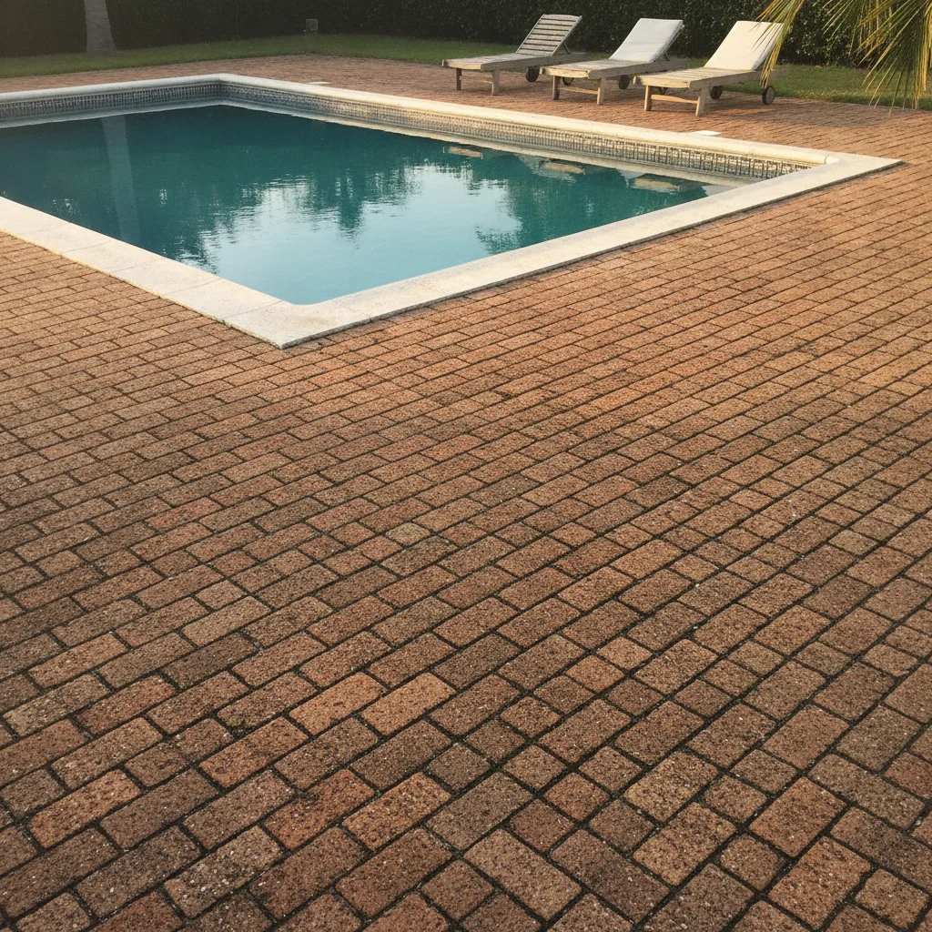 In-ground pool with old clay brick paver deck, teak loungers, palm tree