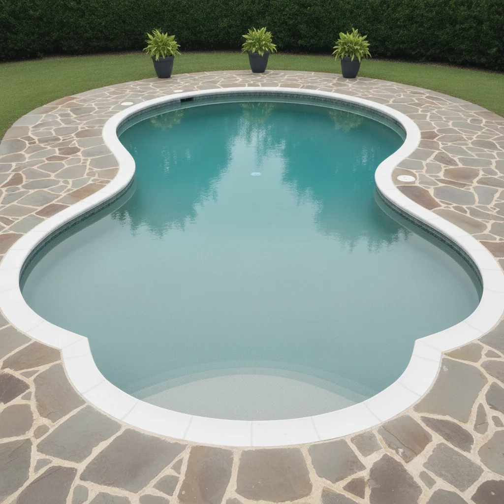 Same pool with irregular flagstone deck, warm gray-tan blend, coping preserved