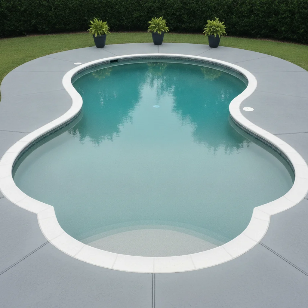 Freeform pool with plain gray concrete deck, potted plants, landscape hedge