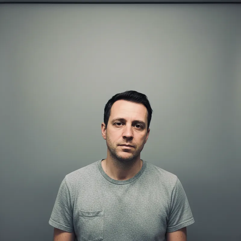 Professional LinkedIn headshot with studio lighting, grey background, and navy attire