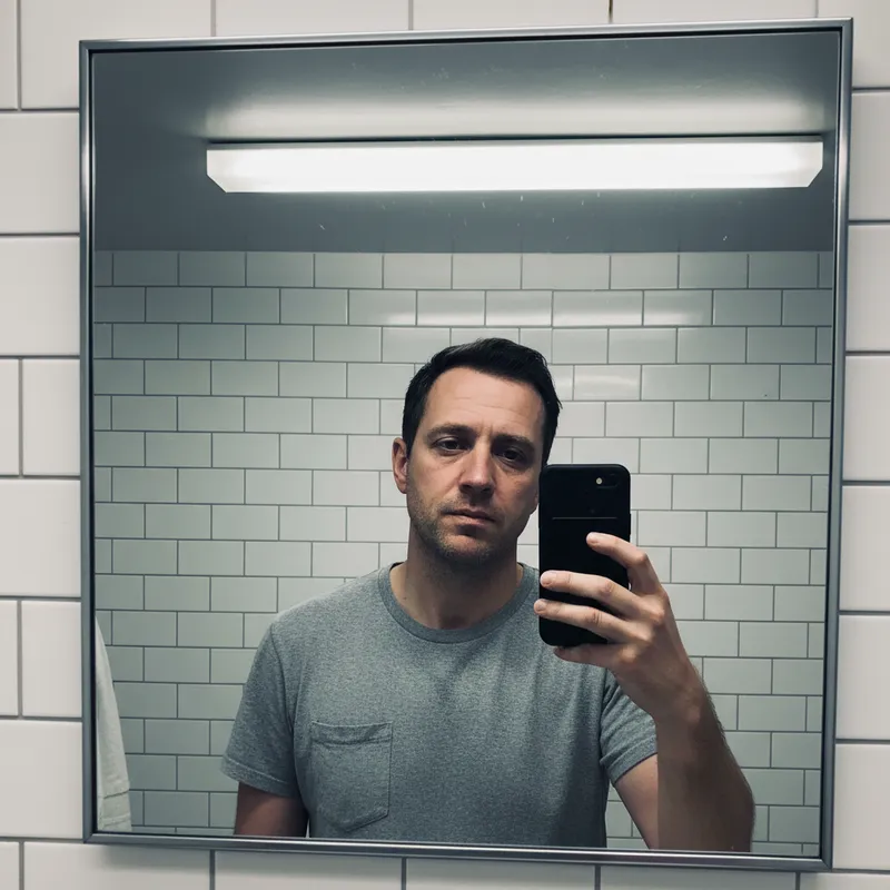 Casual selfie in kitchen with casual t-shirt and kitchen background