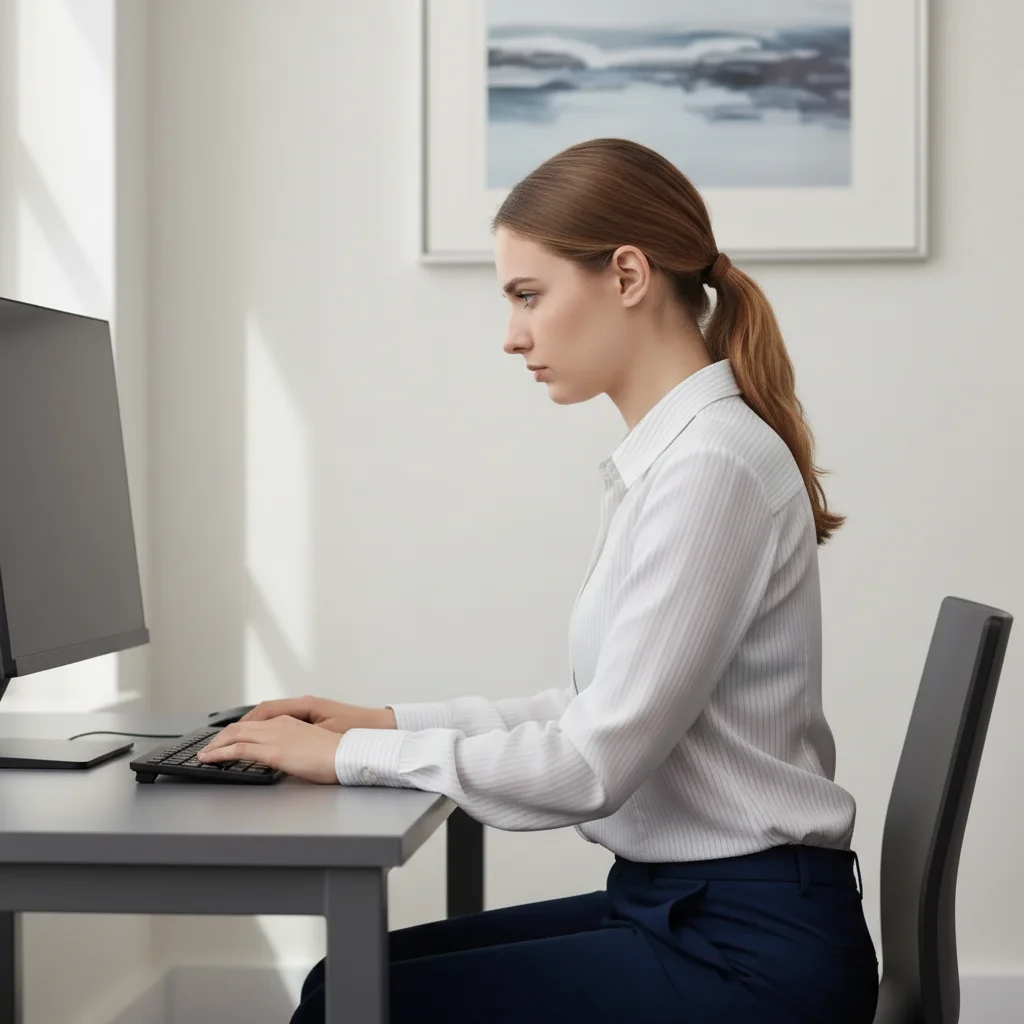 Same woman with straight upright seated posture