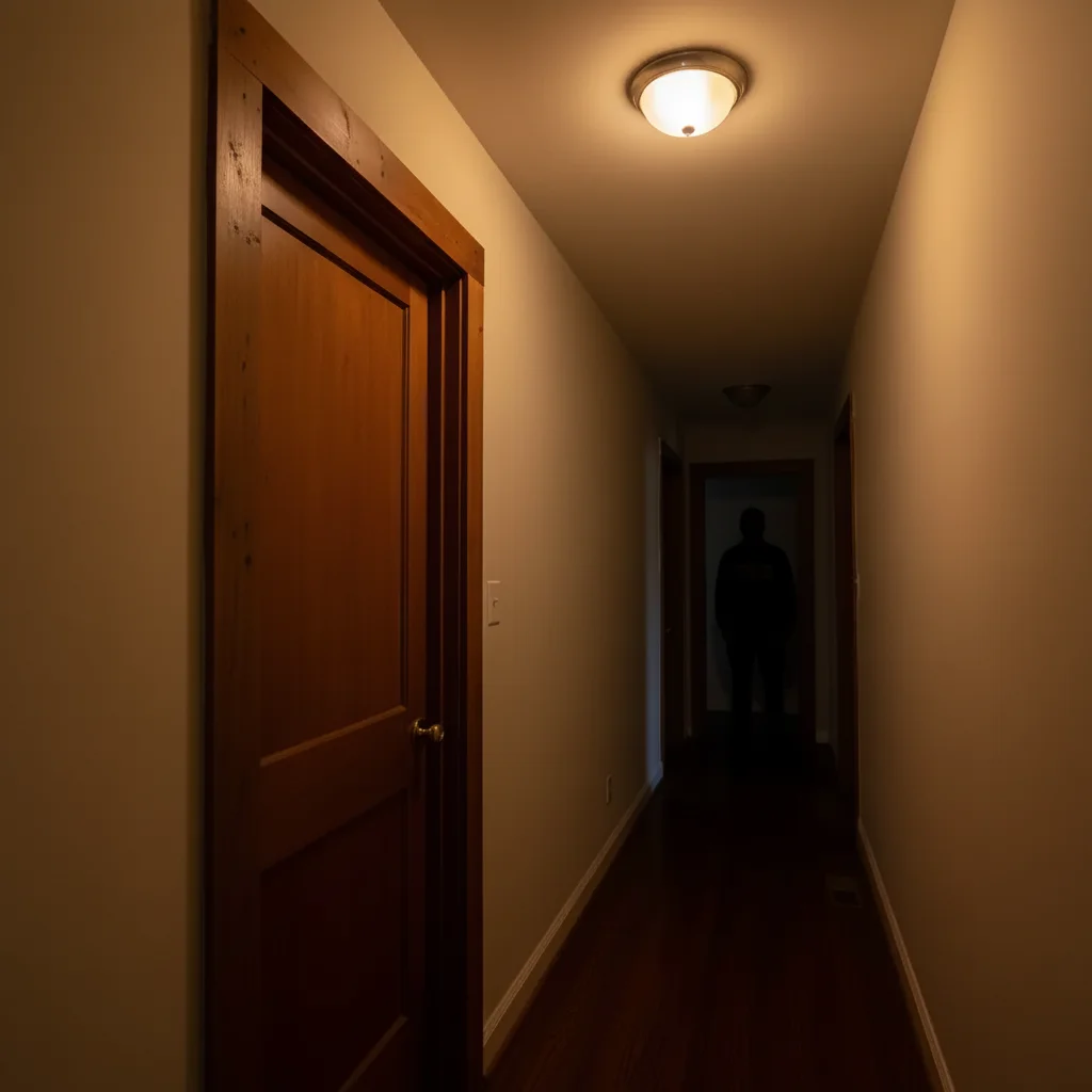Hallway with AI-added shadowy figure in doorway