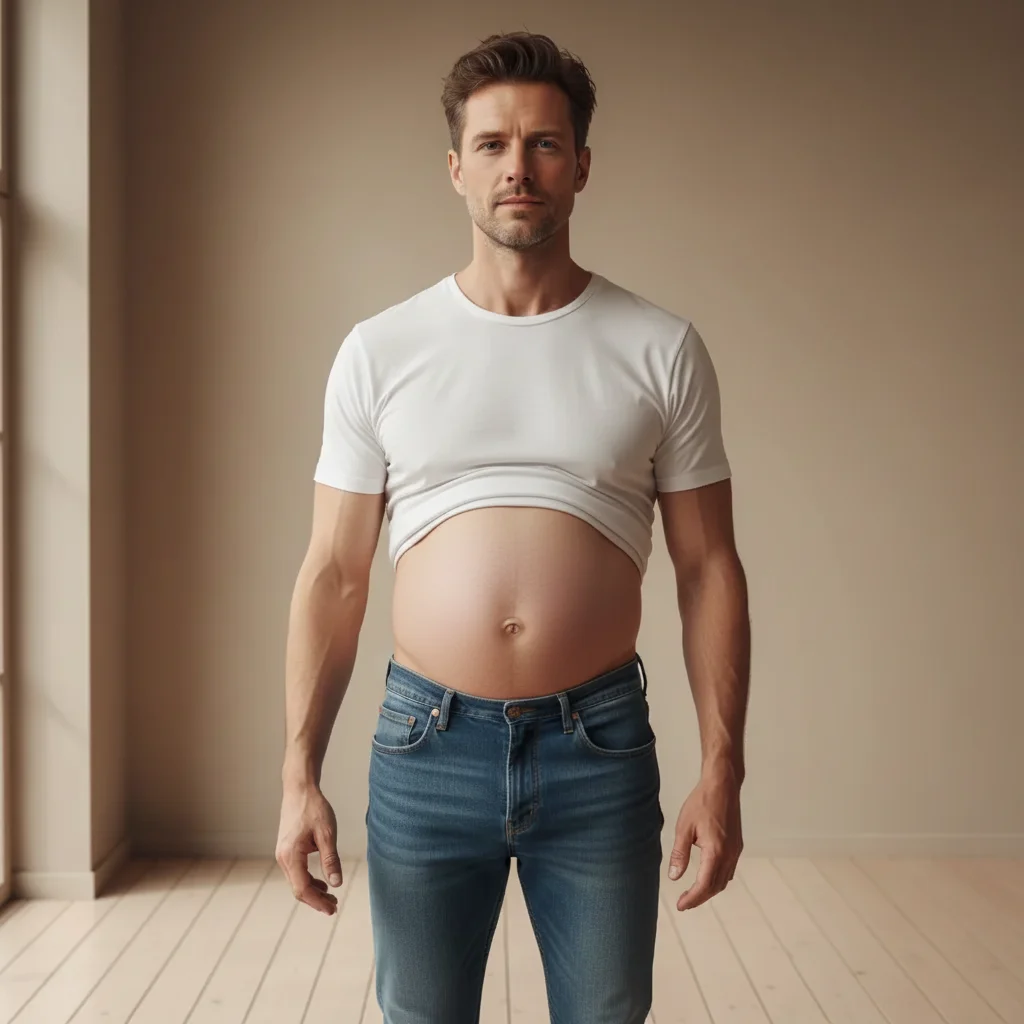 Same man now looking 8 months pregnant with a large round belly stretching his t-shirt