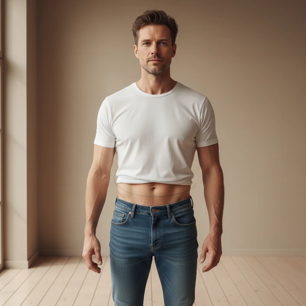 Man in a white t-shirt with a flat stomach standing casually