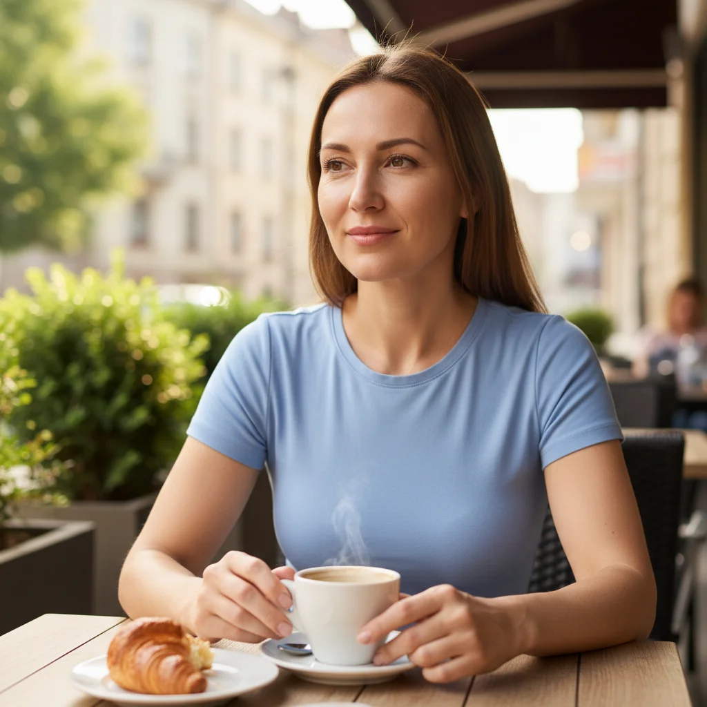 Woman sitting at a cafe in a fitted blue top with a flat stomach