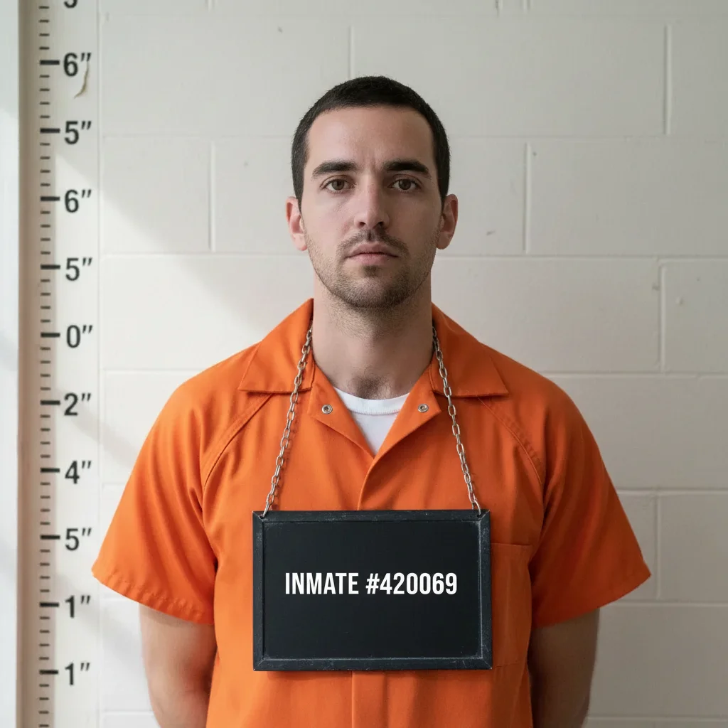 Person in a realistic police mugshot format with height chart, holding a placard listing a completely absurd charge