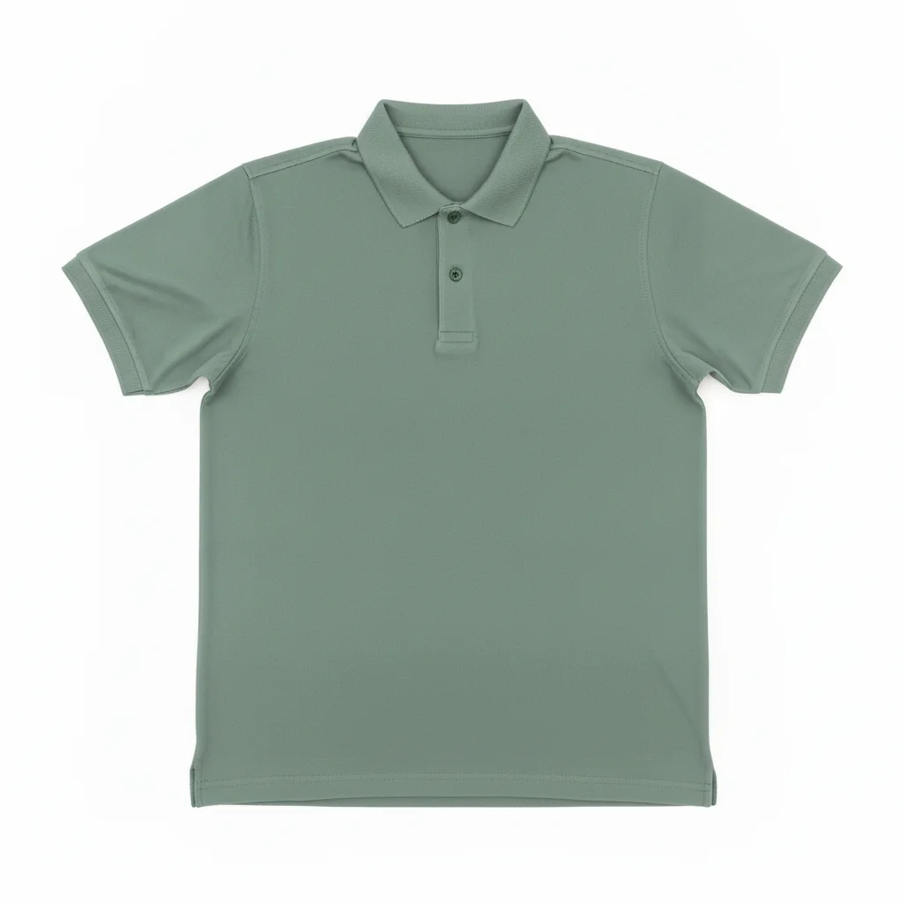 Same polo in sage green with collar, buttons, and seam lines all preserved