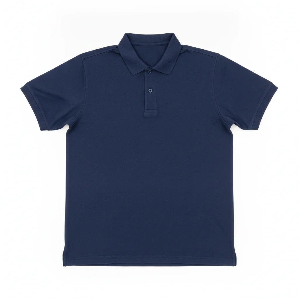 Navy polo shirt flat-lay on white background with collar and button placket visible